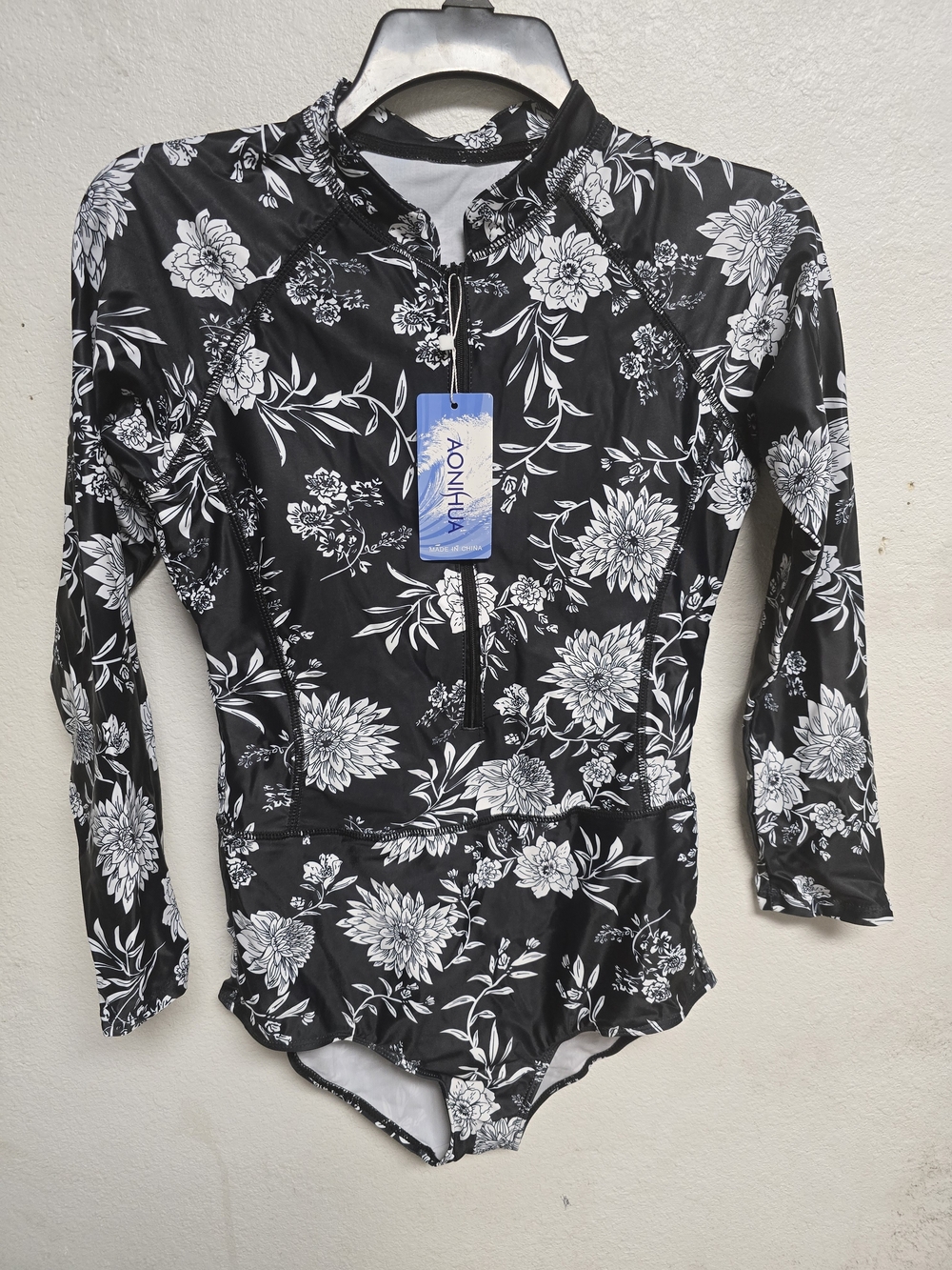 Black Floral Long-Sleeve Zip-Front Bodysuit